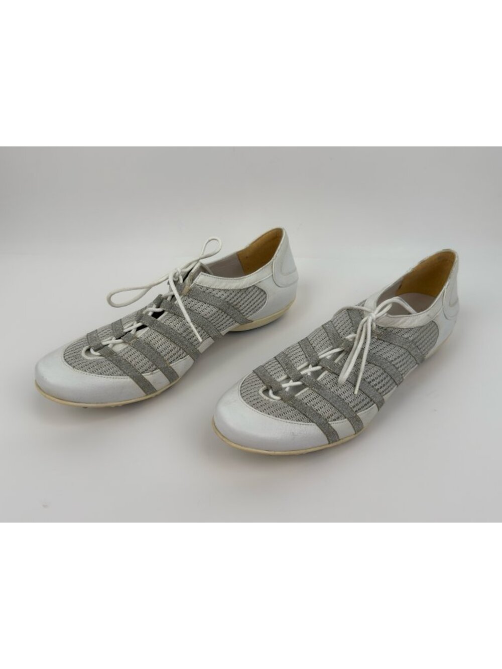 Stuart Weitzman White Silver Glitter Mesh Leather Lace Up Flats Women's 9.5M